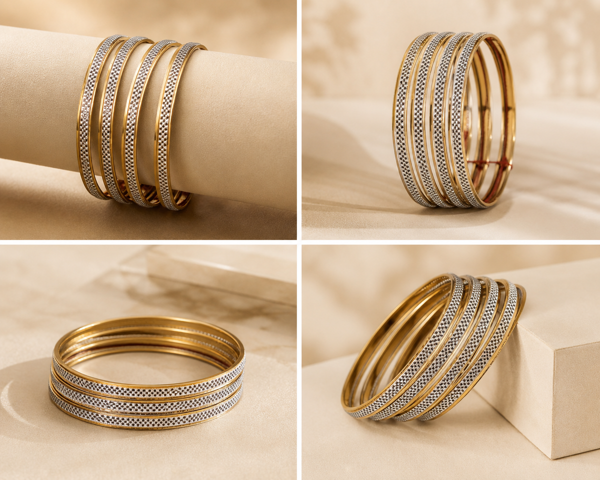 Set of four slim gold-tone and silver-textured bangles shown from four angles on a beige luxury background