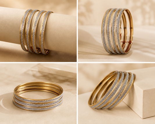 Set of four slim gold-tone and silver-textured bangles shown from four angles on a beige luxury background